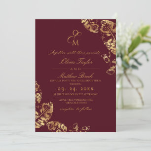 Invitation Boho Maroon automne Mariage Gold Rustic