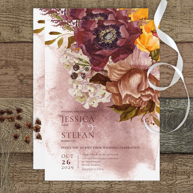 Invitation Boho Marsala Argile & Bouquet Jaune Mariage (Créateur téléchargé)