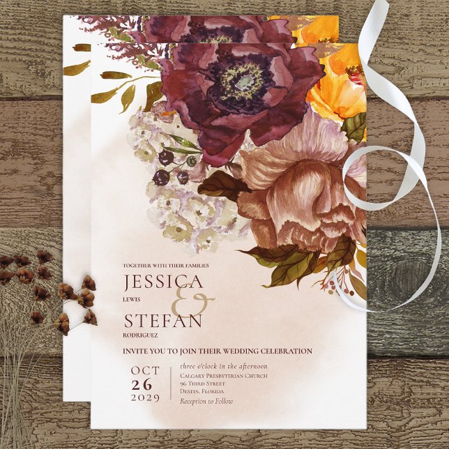Invitation Boho Marsala Argile & Jaune Tan Bouquet Mariage (Créateur téléchargé)