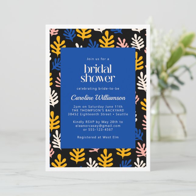 Invitation Boho Matisse Botanique Bleu Noir Fête des mariées  (Debout devant)
