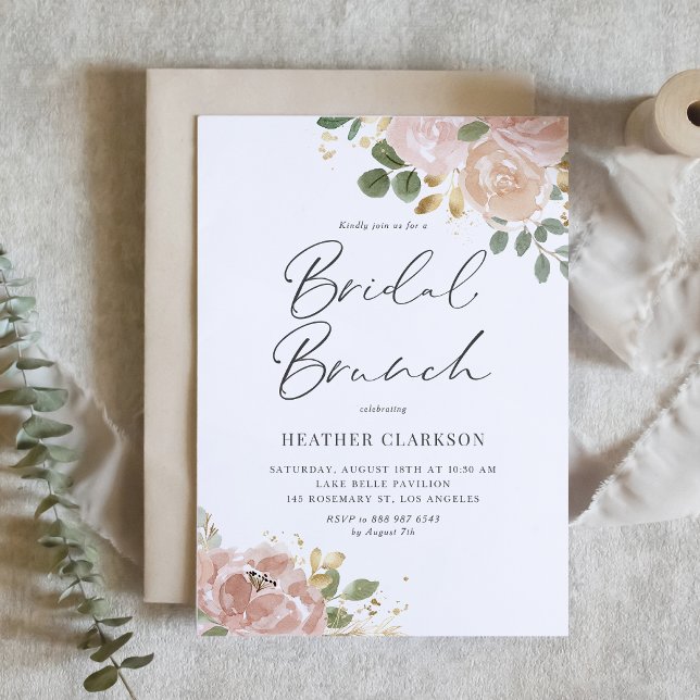 Invitation Boho Mauve Peach Flowers Bridal Brunch Code QR (Boho Watercolor Mauve Peach Flowers Bridal Brunch QR Code Invitation)