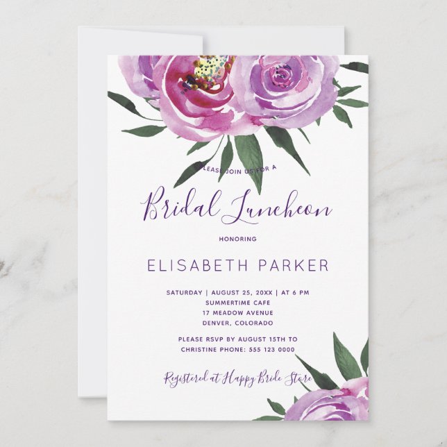 Invitation Boho mauve peonies violet prune nuptiale déjeuner (Devant)