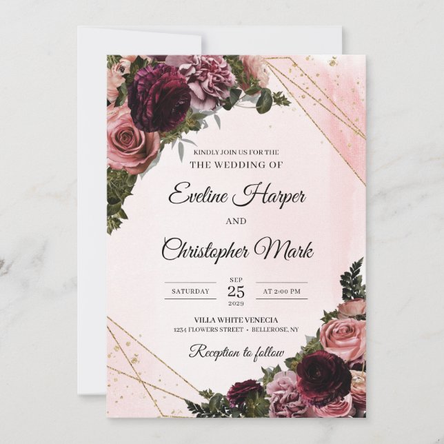 Invitation Boho mauve tendance fleurs roses faux cadre or (Devant)