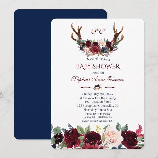 Invitation Boho Merlot Marine Blue Floral Antlers Baby shower (Devant / Derrière)