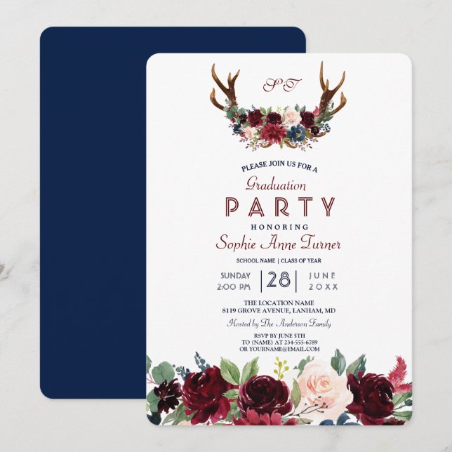 Invitation Boho Merlot Marine Blue Floral Antlers Graduation (Devant / Derrière)