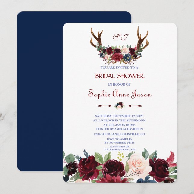 Invitation Boho Merlot Navy Blue Floral Antlers Fête des mari (Devant / Derrière)