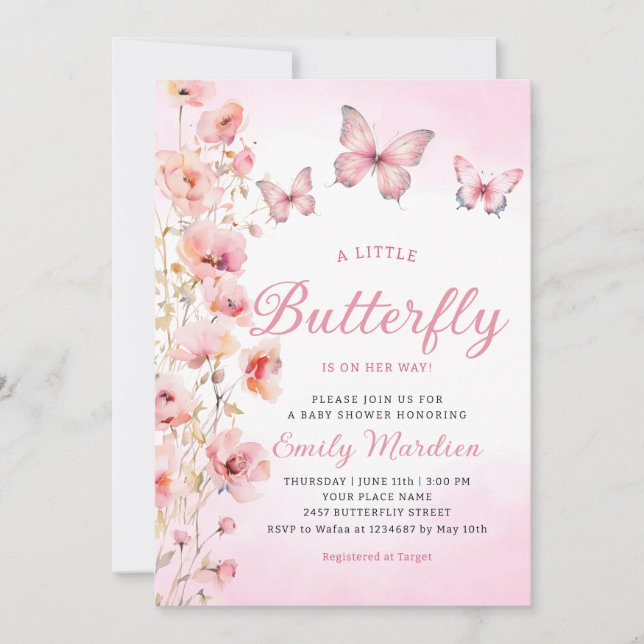 Invitation Boho mignonne rose papillon floral Baby shower fil (Devant)