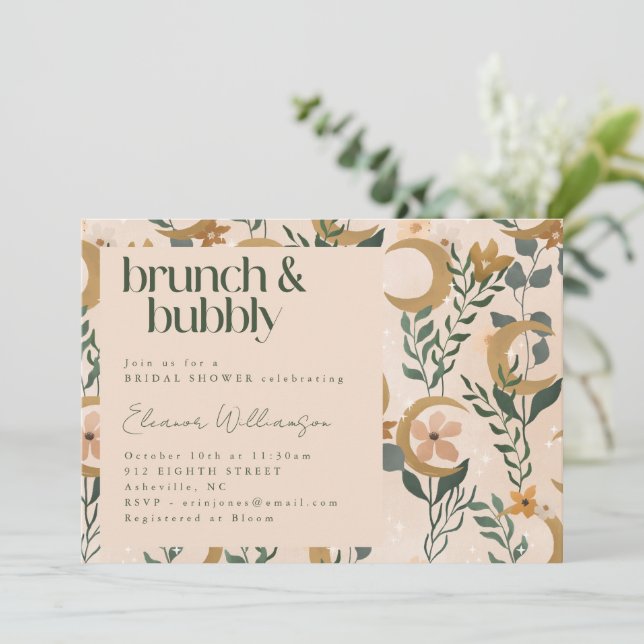 Invitation Boho minimaliste Blush Floral Moon Brunch Bubbly (Debout devant)