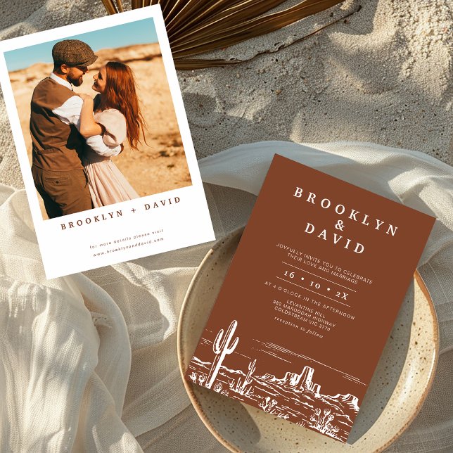 Invitation Boho Minimaliste Terracotta Western Desert Mariage (Terracotta Wedding Invitation, Western Desert Bohemian Minimalist Rust, Desert Scene Wedding )
