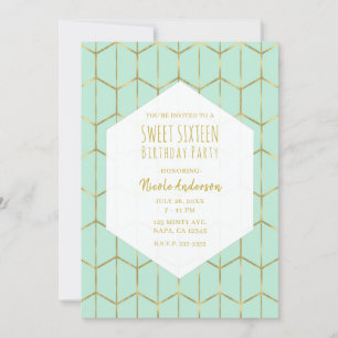 Invitation Boho Mint Vert Hexagon Or Géométrique Sweet 16 En