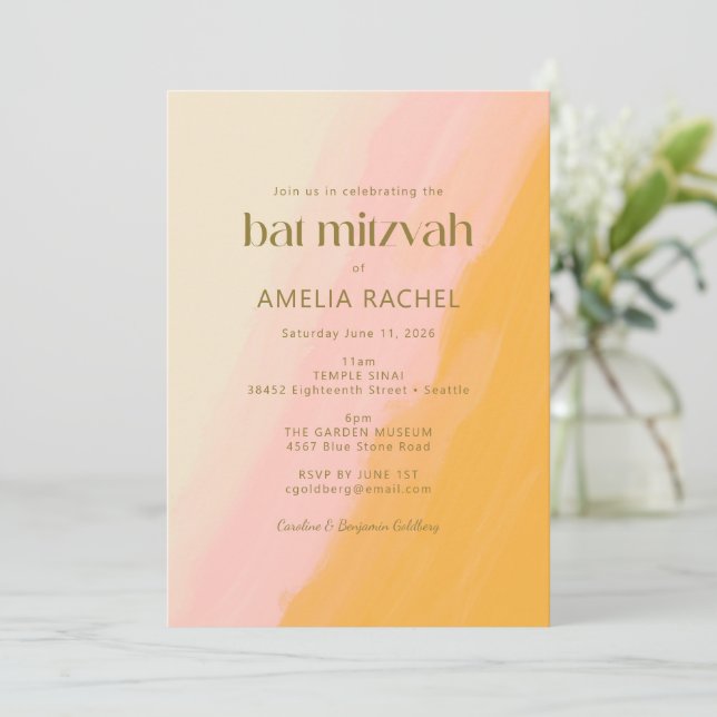 Invitation Boho moderne aquarelle rose Bat mitzvah jaune (Debout devant)