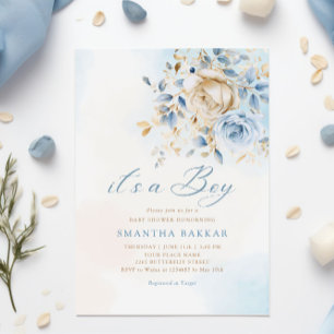 Invitation Boho moderne bleu aquarelle Floral Boy Baby shower