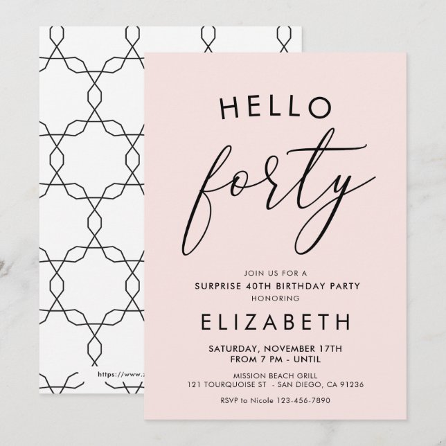 Invitation Boho moderne Blush 40e anniversaire Bonjour quaran (Devant / Derrière)