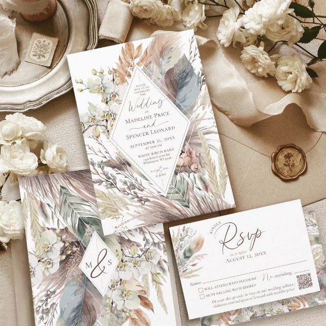Invitation Boho moderne Chic Aquarelle Pampas Mariage Floral (Watercolor boho chic white orchid floral rustic pampas botanical modern monogram wedding invitation)