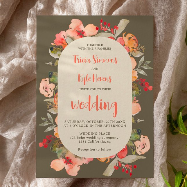 Invitation Boho moderne chute terre cuite vert mariage floral (Modern Boho fall terracotta green floral wedding Invitation)