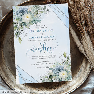 Invitation Boho moderne Dusty Bleu Argent Roses de mariage In