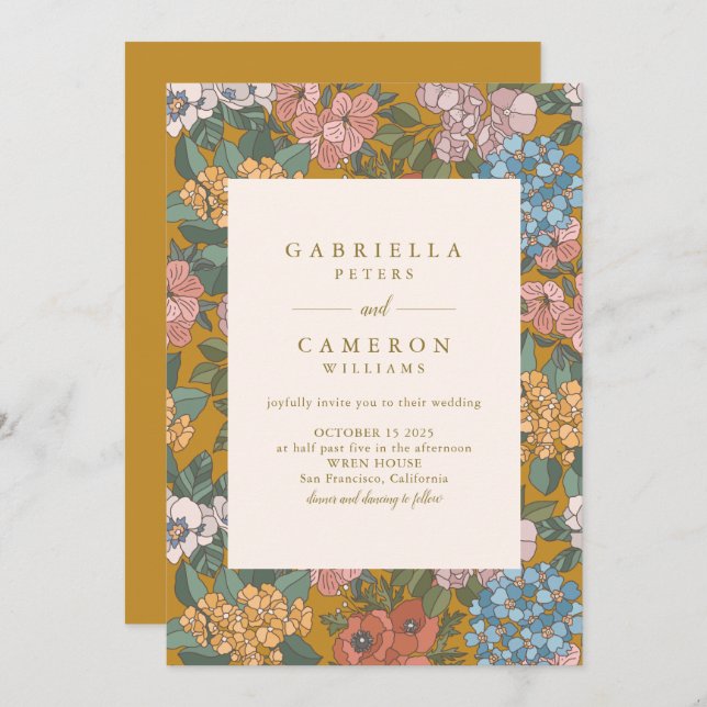 Invitation Boho moderne Floral Mustard Jaune Mariage (Devant / Derrière)