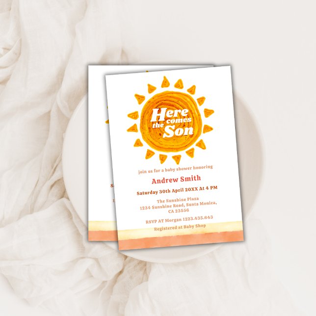 Invitation Boho Moderne Ici Vient Le Baby shower Fils (Modern Boho Here Comes The Son Baby Shower Invitation)