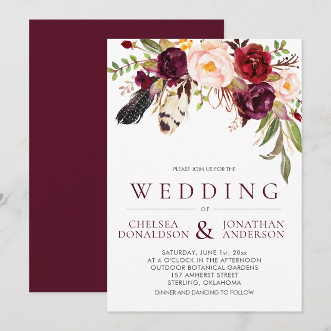 Invitation Boho moderne plumes Marsala Floral Mariage (Devant / Derrière)