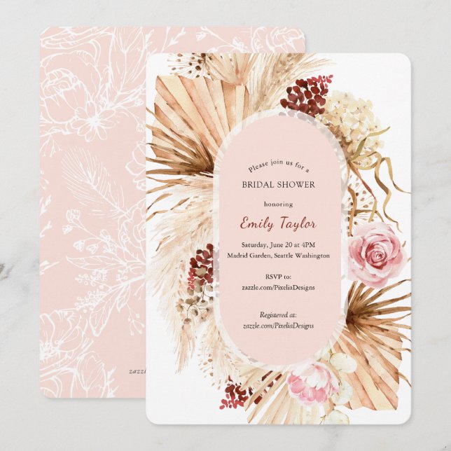 Invitation Boho moderne rose rose Pampas Grass Floral Bride (Devant / Derrière)