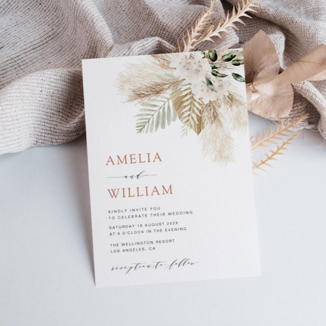 Invitation boho moderne vert pampas herbe QR code mariage (Créateur téléchargé)