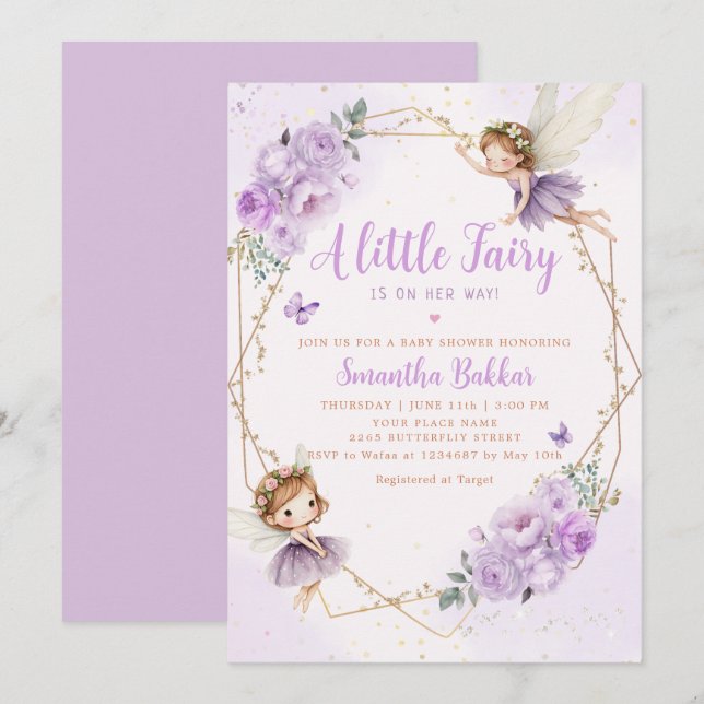 Invitation Boho Moderne violet Un Petit Baby shower Fée Fille (Devant / Derrière)
