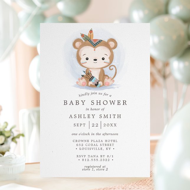 Invitation Boho Monkey Tribal Aquarelle Baby shower bohème (Créateur téléchargé)