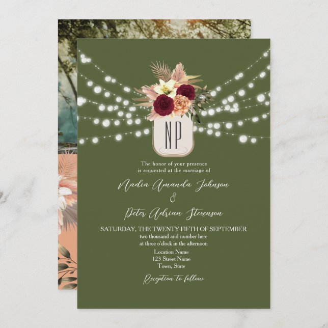 Invitation Boho Monogramme Mariage QR Code (Devant / Derrière)