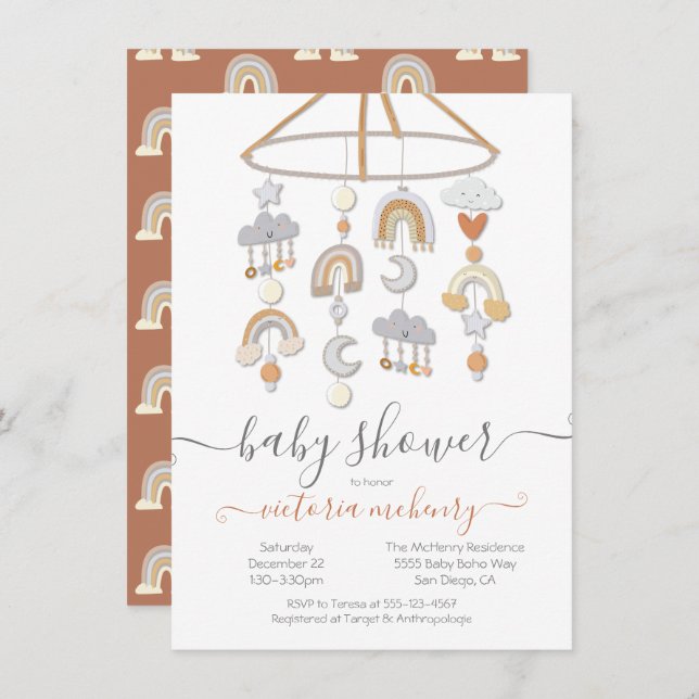 Invitation Boho Moon Stars Rainbows Clouds Baby shower mobile (Devant / Derrière)