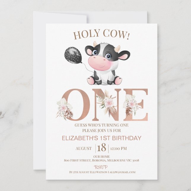 Invitation Boho Mot Floral Sainte Vache 1er anniversaire Invi (Devant)
