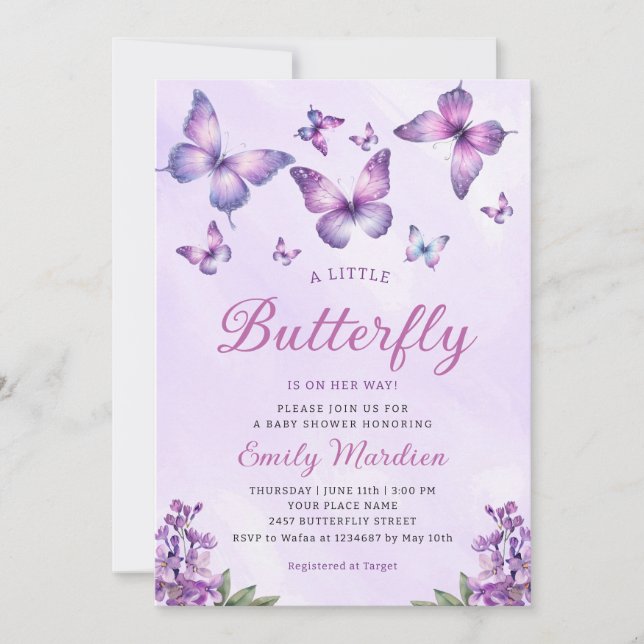 Invitation Boho mou violet papillon floral Baby shower fille (Devant)