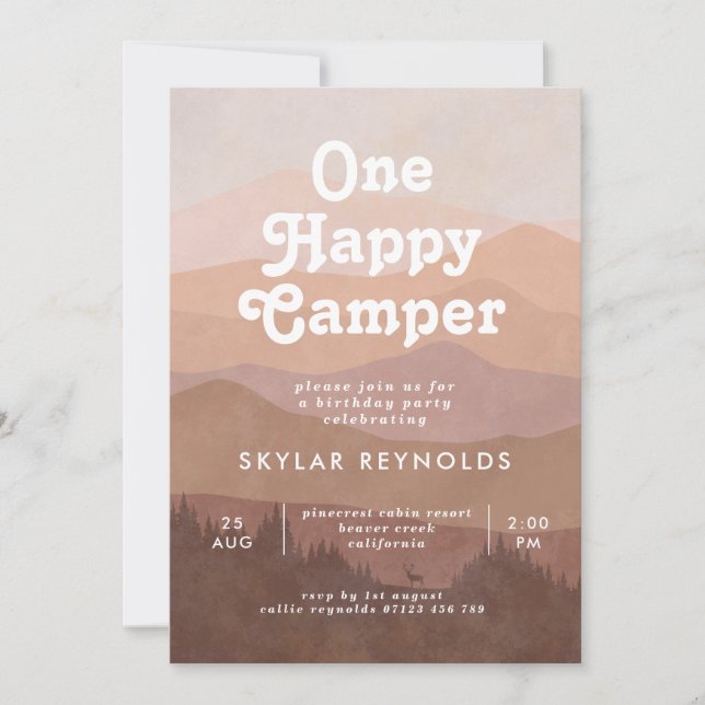 Invitation Boho Mountains One Happy Camper Girls 1er annivers (Devant)