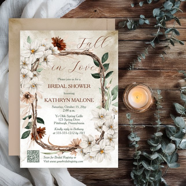 Invitation Boho Muted Fall Floral Fall in Love Fête des marié (Boho Muted Fall Floral and Grapevine Wreath "Fall in Love" Bridal Shower Invitation QR Code Registry)