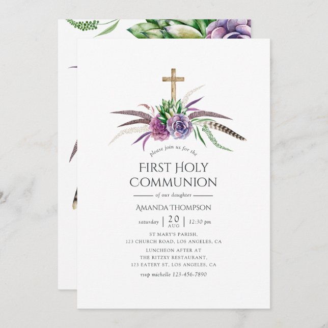 Invitation Boho mystique Succulents première sainte communion (Devant / Derrière)