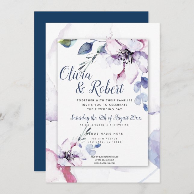 Invitation Boho Navy Bleu et Aquarelle Pommes fleurs (Devant / Derrière)