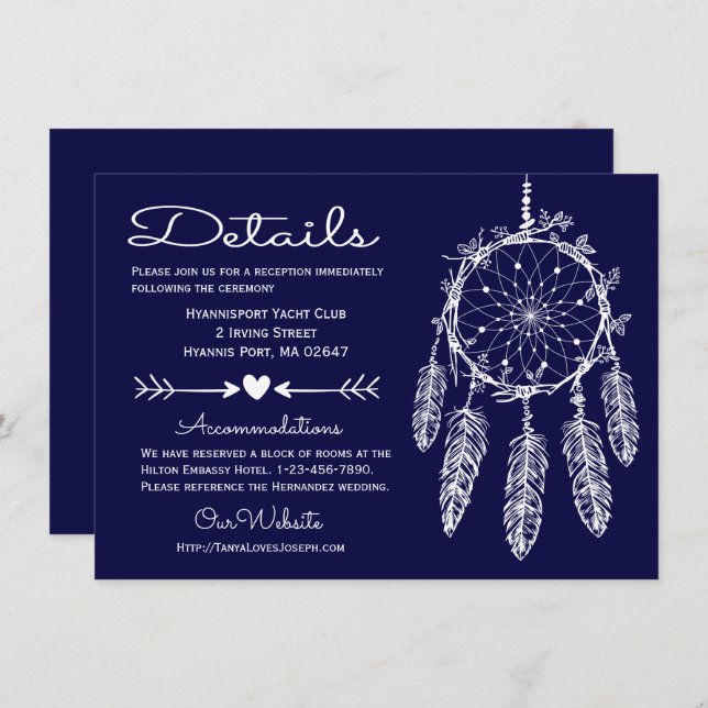 Invitation Boho Navy Blue Details Dreamcatcher Tribal Mariage (Devant / Derrière)