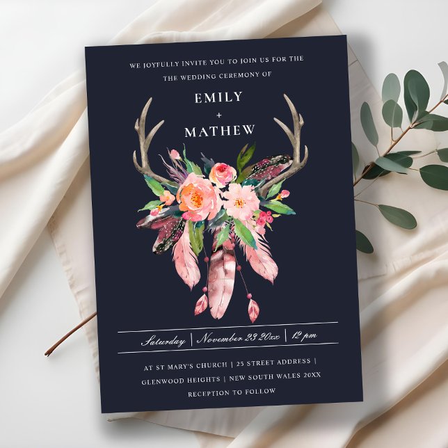 INVITATION BOHO NAVY BLUSH ANTLER DREAM CATCHER FLORE MARIAGE (Créateur téléchargé)
