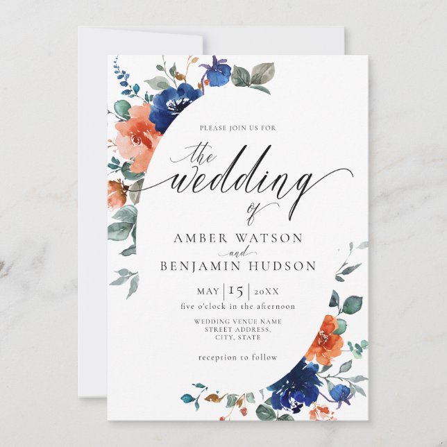 Invitation Boho Navy Floral Brûlé Orange Élégant Mariage (Devant)