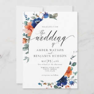 Invitation Boho Navy Floral Brûlé Orange Élégant Mariage