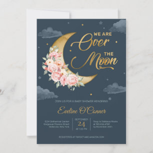 Invitation Boho Navy rougit de feuille d'or sur la lune bébé