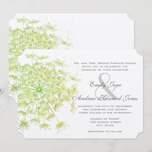 Invitation Boho Neo Mint Green Queen Anne's Lace Mariage (Devant / Derrière)
