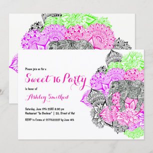 Invitation Boho neon rose floral mandala éléphant Sweet 16