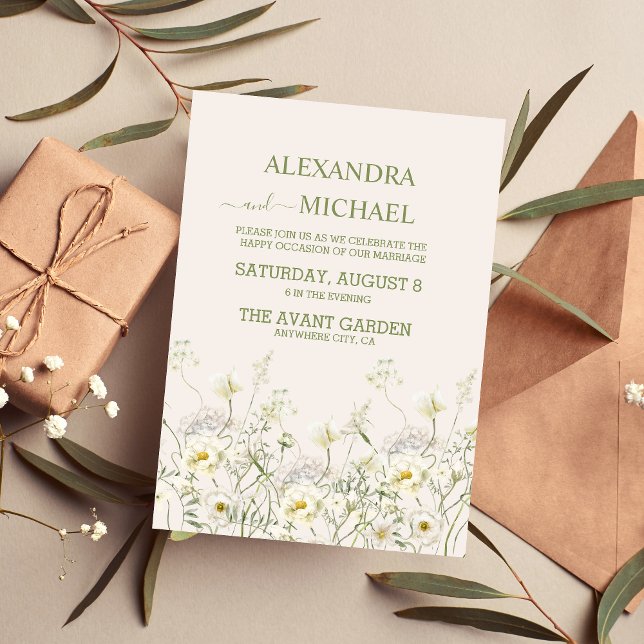Invitation Boho Neutral Blanc Aquarelle Fleur sauvage Mariage (Créateur téléchargé)
