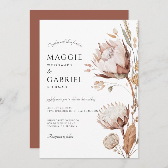 Invitation Boho Neutral Floral Mariage (Devant / Derrière)