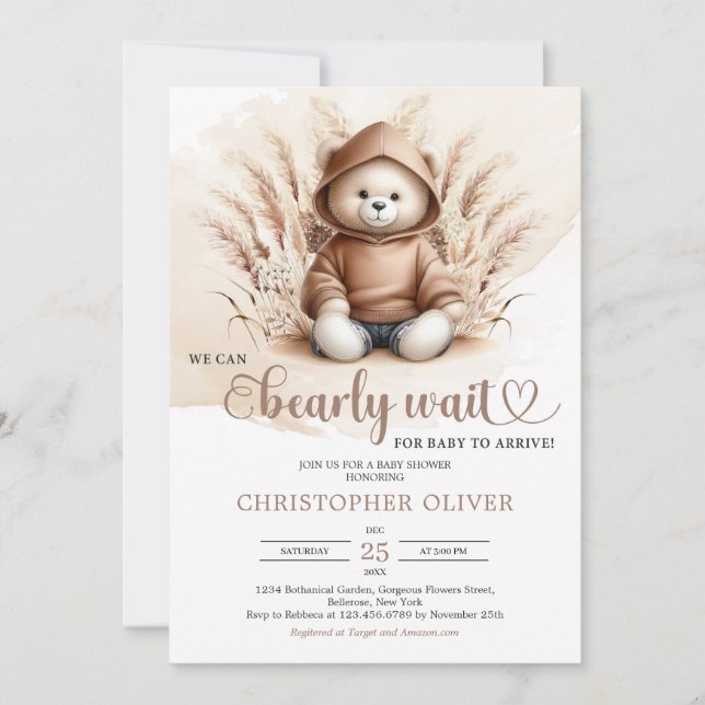 Invitation Boho Neutral ours en peluche sweatshirt pampas her (Devant)