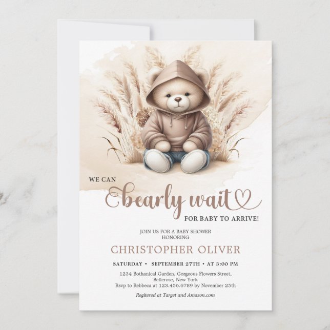 Invitation Boho Neutral ours en peluche sweatshirt pampas her (Devant)