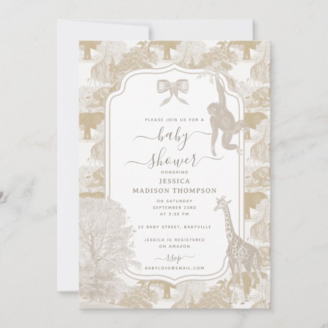 Invitation Boho Neutral Safari Animal Chinoiserie Baby shower (Devant)