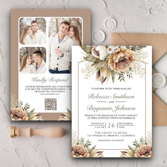 Invitation Boho Neutral Terme Floral Taupe QR Code Mariage (Créateur téléchargé)