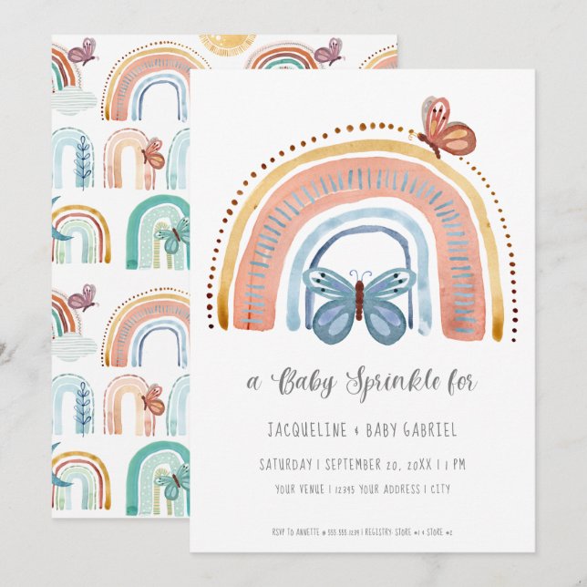 Invitation Boho Neutre Arc-en-ciel Pêche Dusty Bleu Papillon (Devant / Derrière)