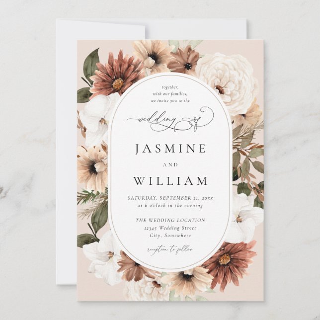 Invitation Boho Neutre Rustique Mariage Floral S2 - Beige (Devant)